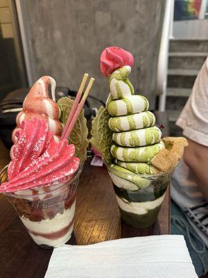 The matcha and strawberry deluxe sundae