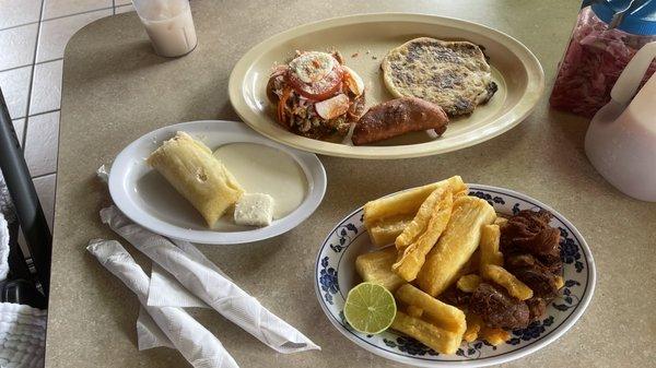 Tamal de Elote, Enchilada, pupusas & Yuca Frita