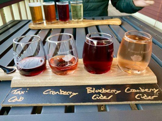 flight with 2 wines on left, 2 ciders on right. the ciders tasted better than the wines.