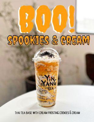 Spookies & Cream is made with loose leaf Thai tea, cream swirls, cookies & cream with whipped cream and more cookies & cream on top!