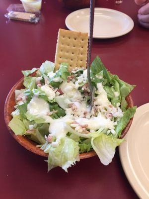 Side salad with bleu cheese dressing. Just a precursor to a delicious sausage/pepperoni pizza