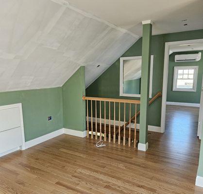 An assortment of before, during and after. The knotty pine is "before", the green is "after".