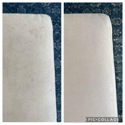 Before: Detail of years of dirt and grime on my ottoman. After: Zerorez cleaned ottoman. Spotless, soft and fluffy fabric.