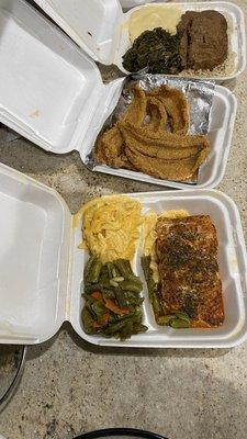 Turkey meatloaf, baked salmon, fried catfish, mac & cheese, green beans, turnip greens, mashed potatoes.