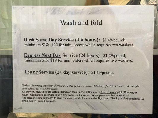 Current wash and fold prices (March 2, 2017)