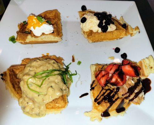 Waffles Frolic (savory on L, sweet on R). Excellent!