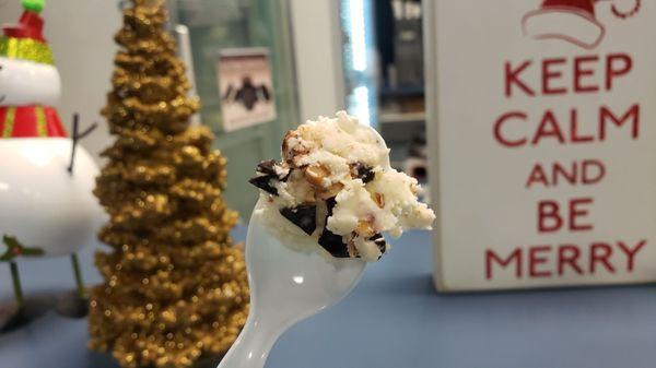 Mier's Joy taste tester... basically coconut ice cream with almonds, dark chocolate, and caramel... this one is a keeper!