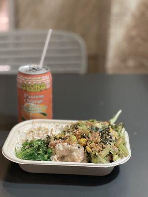 Two (2) Fish Bowl: salmon and garlic shrimp, sushi rice and greens, seaweed salad and Miso Crab