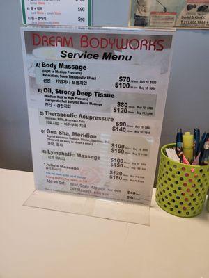 Price list for massage