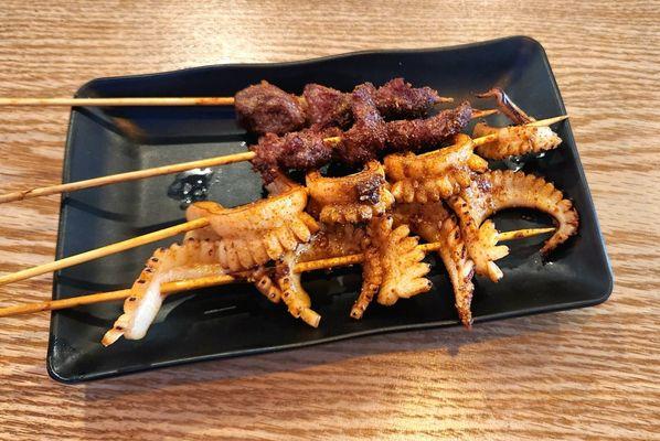 Beef and squid fried skewers, $4.50 for 2 skewers. Tasty but tiny portions, especially the beef.