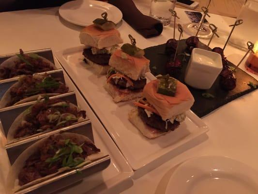 Spicy beef tacos, kobe beef sliders and bacon wrapped dates.