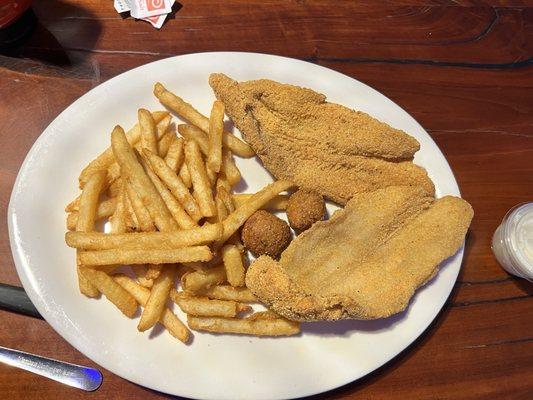 Southern Fried Catfish and fries with hush puppies