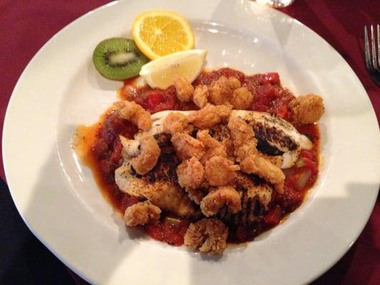 Blackened Tilapia with Creole Sauce, Topped with Fried Crawfish Tails for lunch