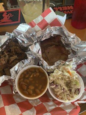 Smoked pulled pork, smoked Turkey, beans and slaw