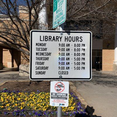 Hours of operations for the Wichita Falls Public Library in Texas.