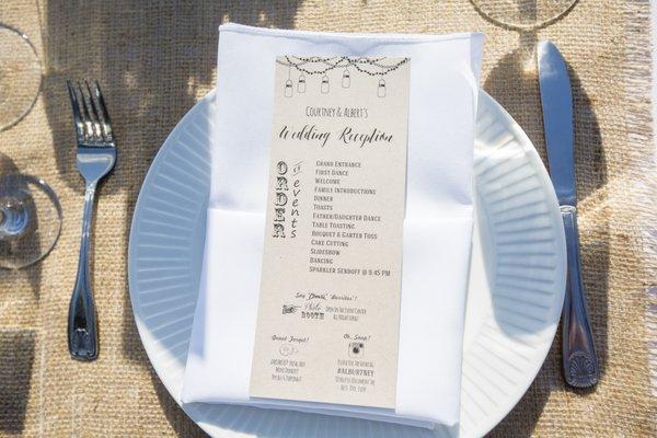 wedding menu cards on kraft paper (Prodigy Press stocked the paper and didn't charge extra for it!)