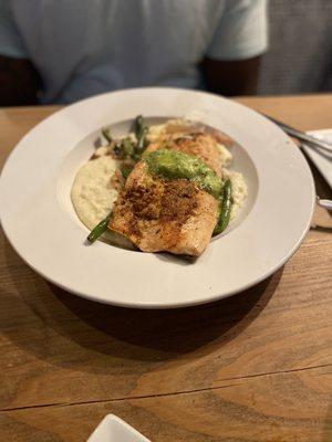 Special: almond crusted trout with green beans on Parmesan grits.