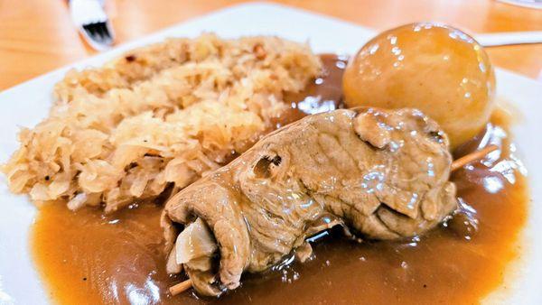 Lunch version of Beef Rouladen, sauerkraut, potato dumpling. Good!