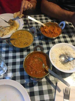 basmati rice with cumin seed, lamb korma, chicken vindaloo, channa masala.