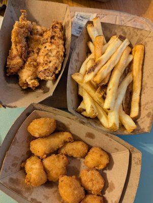 Chicken tenders, fries, cheese curds