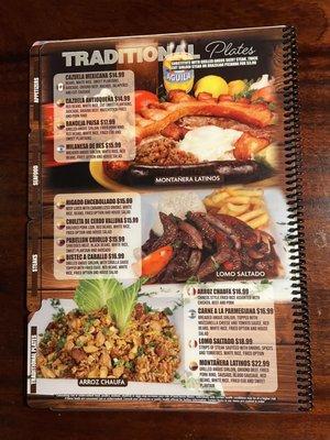 Traditional Plates Menu Latinos