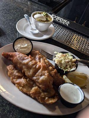 Fish & Chips with a freshly made side Tortilla Soup, yum!