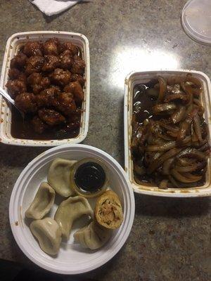 Orange chicken is a good amount of food. The Mongolian beef, was my favorite! The steamed dumplings are great as well.