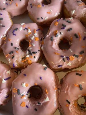 Pink glazed with bats and pumpkin sprinkles.