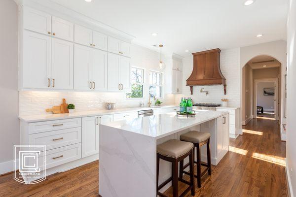 Watts-Hillandale Kitchen Remodel - Shaker White Cabinetry with Quartz Counters and Waterfall Edging