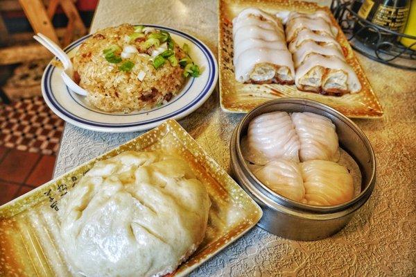 Sticky rice with BBQ pork buns, shrimp dumplings and Chinese doughnut wrapped in rice noodles