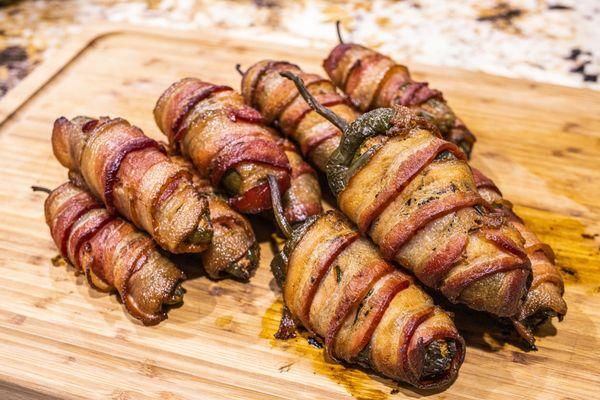 Texas Twinkies : Stuffed Poblano & Jalapenos w/ Smoked Cream Cheese & Brisket, Wrapped in Bacon.  (Limited Special)