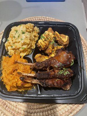 Lamb chops and catfish with candy yams and Mac and cheese