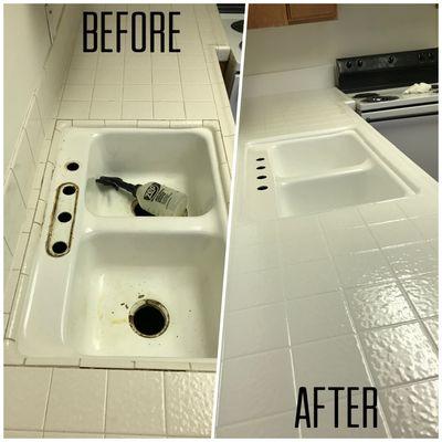 Tile kitchen counter top refinished in white gloss finish