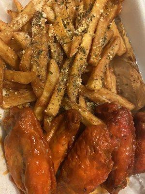 Truffle Parm Fries and 6 Wings with the trio sauce