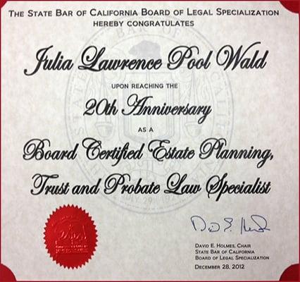 State Bar 20th Anniversary Certificate as specialist in Estate Planning, Trust, and Probate Law