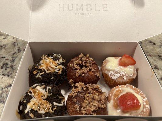 6 Pack Donuts (coconut caramel cookie crunch, churro mexicana, strawberries and cream)