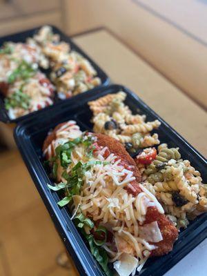 Individually Packed hot meals for groups of 20+ to grab and enjoy! (Chicken Parmesan, with Greek pasta salad)