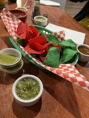 Chips with an assortment of salsas.