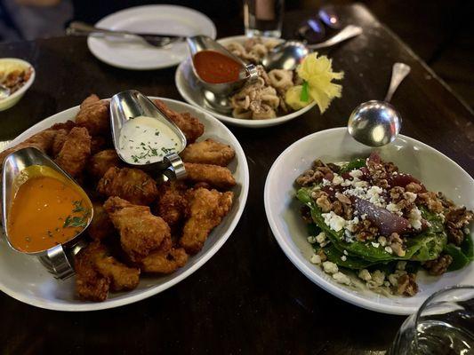 Fried chicken, fried calamari, and pear salad - good balance of appetizers.