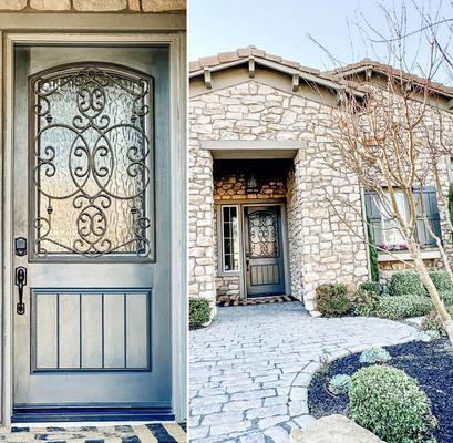 Wrought Iron Door Insert: Monarch with Flemish privacy glass.