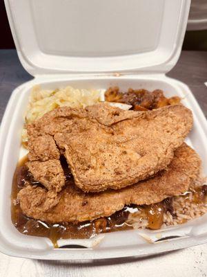 Turkey chops with rice and beans and 2 sides