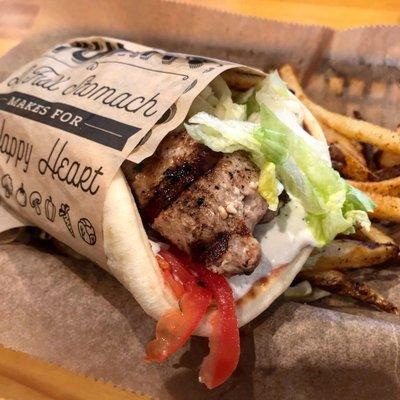 Souvlaki Pork Pita with fries. Get the Hades sauce. So fire!