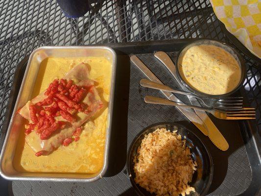 Hot cheeto shredded chicken enchiladas, rice and Elote