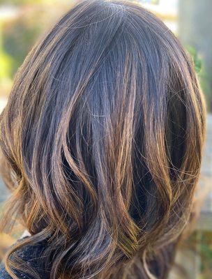 Dark brown hair light golden balayage