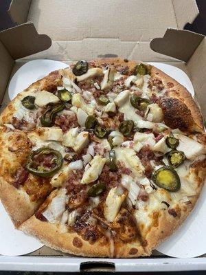 BBQ chicken pizza with jalapeños