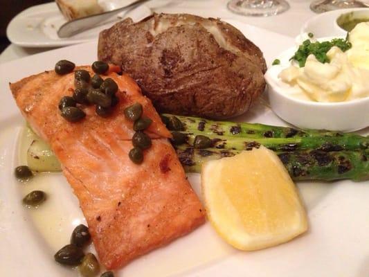 Atlantic salmon, lime capers, grilled asparagus, baked potato & all fixings. Rating: Very Good.