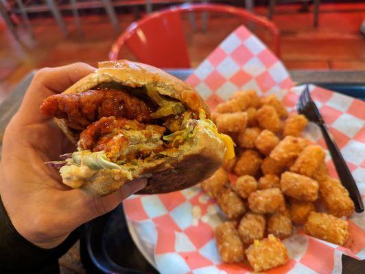 Korean fried chicken sandwich and tater tots