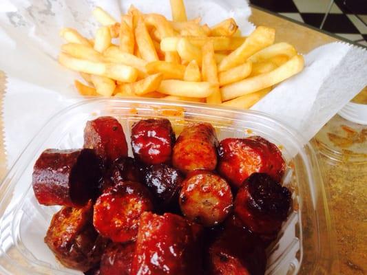 Sausage burnt ends and fries