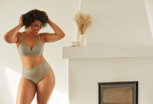 Being comfortable in your underwear isn't a bad thing. This wireless Montelle London Fog set in sage is both comfortable and cute.