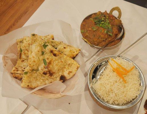 Garlic naan, Kadai lamb, and basmati rice